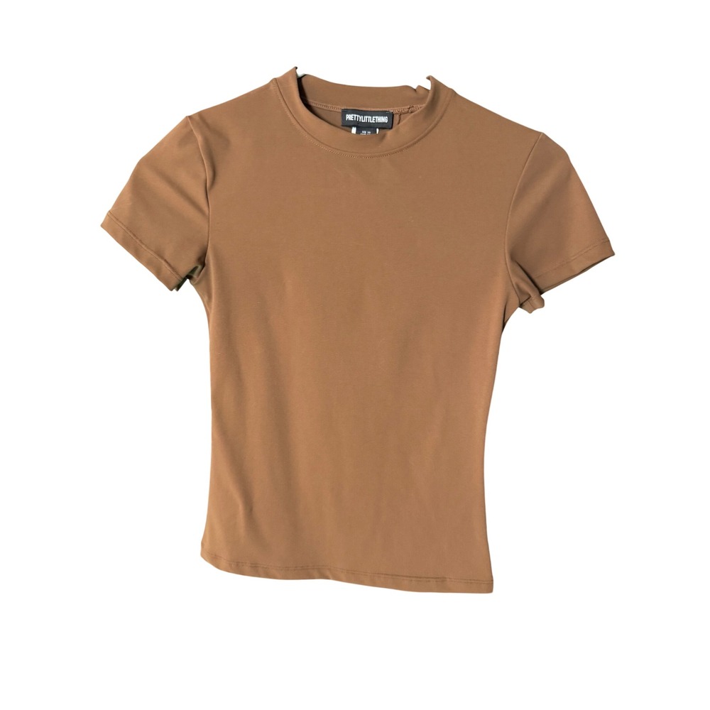 PrettyLittleThing Short Sleeve Mock Neck Crop Top Brown Size 6